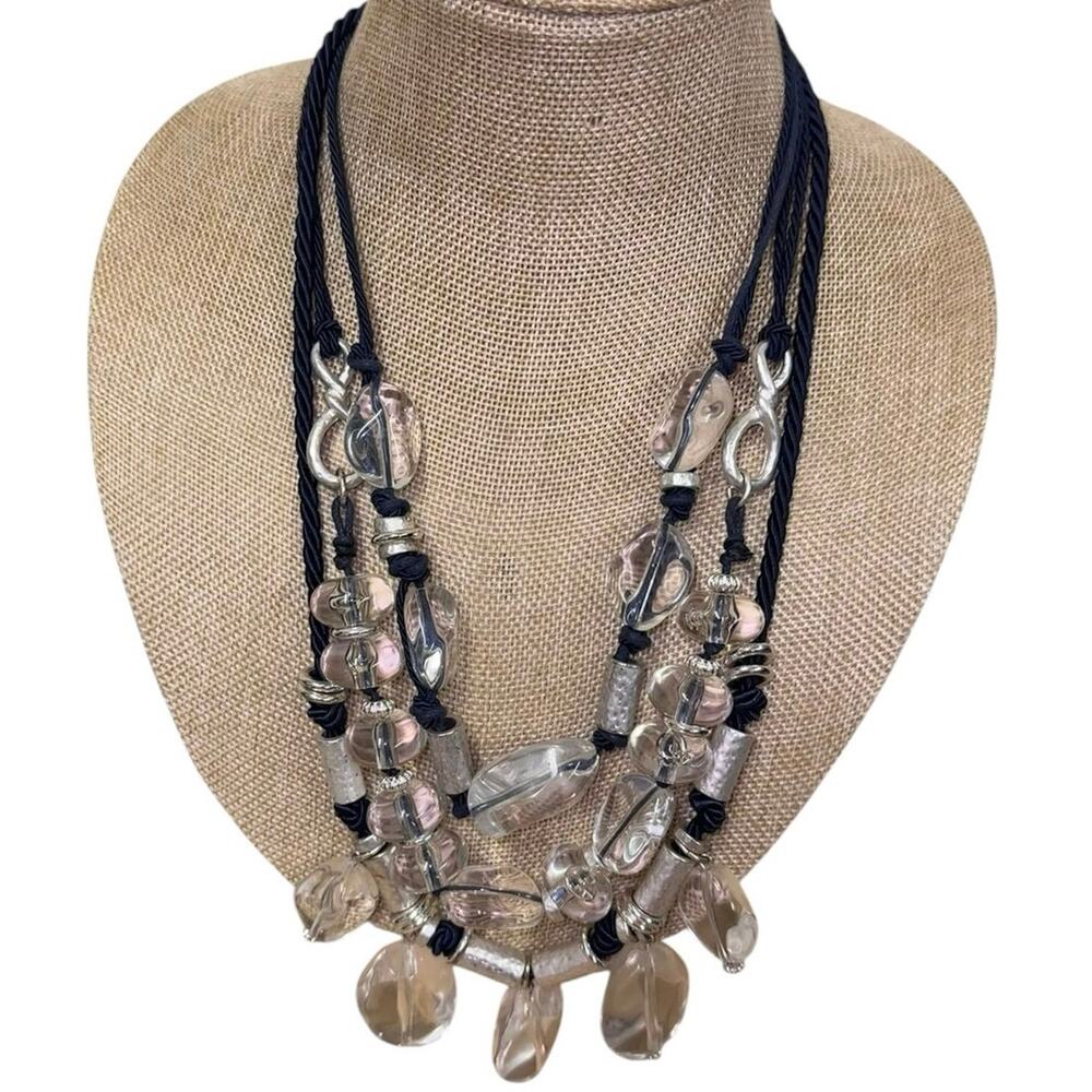 Chico's Blue Multi Strand Necklace Chunky Statement Glass Bead‎ Silver Tone Boho
